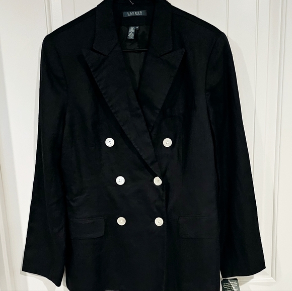 Nwt Ralph Lauren Double-Breasted Linen Black Blazer sz 14 M - Picture 2 of 11